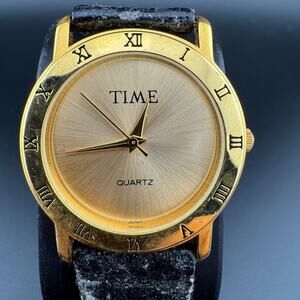 Vintage Time Brand Quartz Watch Gold Tone Roman Numerals